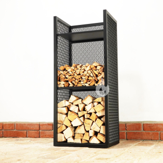 Braver Stojan na dřevo ke krbu, botník Perfo H-Tower 45x35x106cm vysoký, tahokov, černý + 2 police